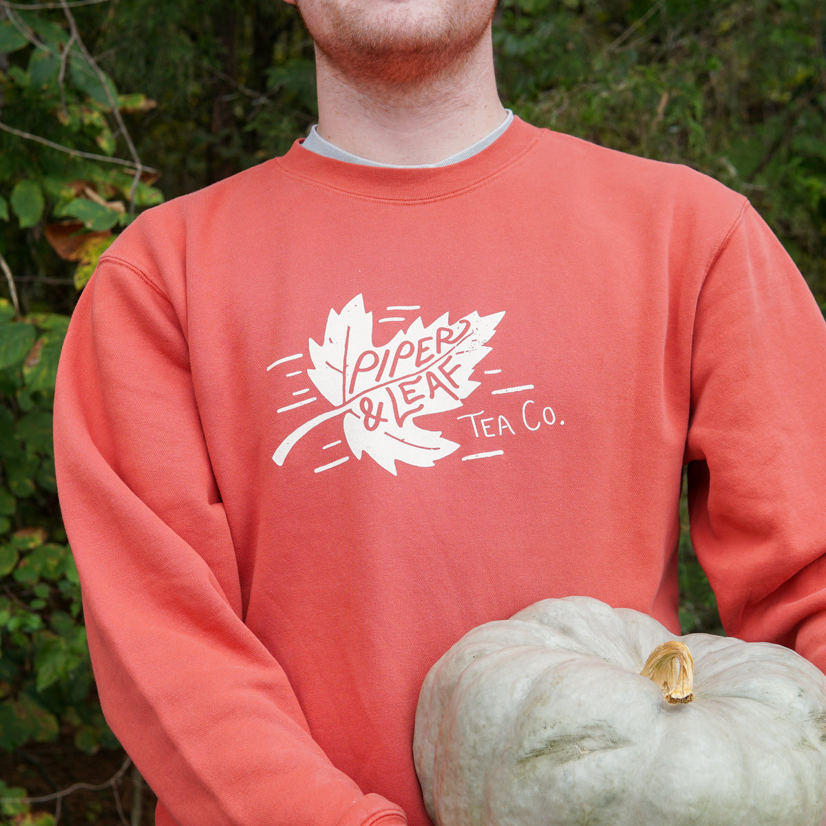 Guy wearing an orange Piper & Leaf Tea Co. autumn leaf sweatshirt while holding a green pumpkin 
