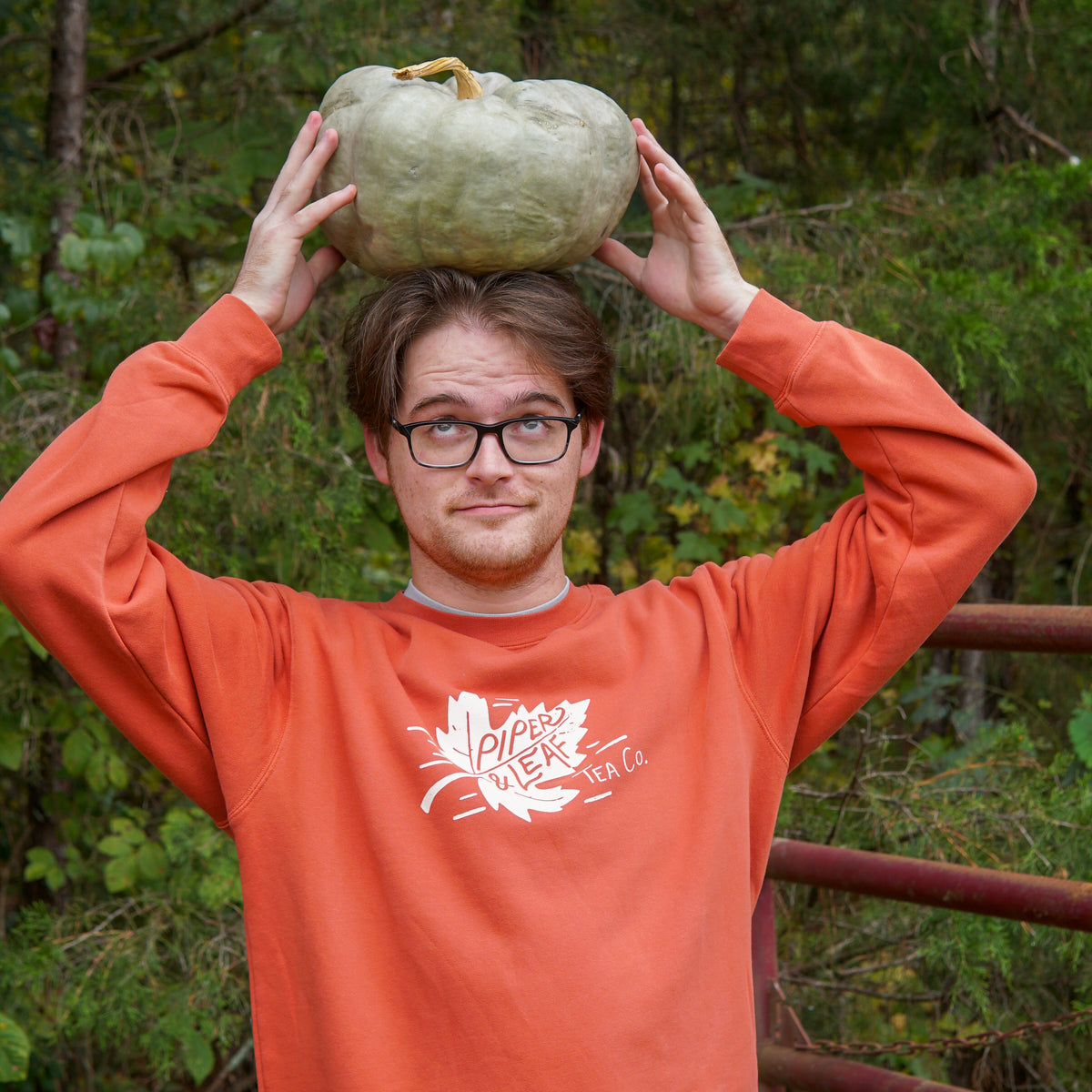 guy wearing an orange Piper & Leaf tea co autumn leaf sweatshirt while holding a pumpkin on his head
