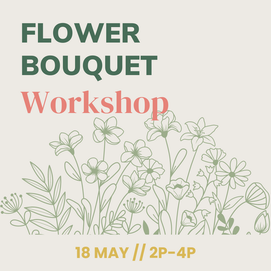 Promotional poster for a Bouquet Workshop with Olor Floral at Piper and Leaf Tea Co. in Madison, AL on 18 May from 2 pm to 4 pm, featuring line art of various flowers.