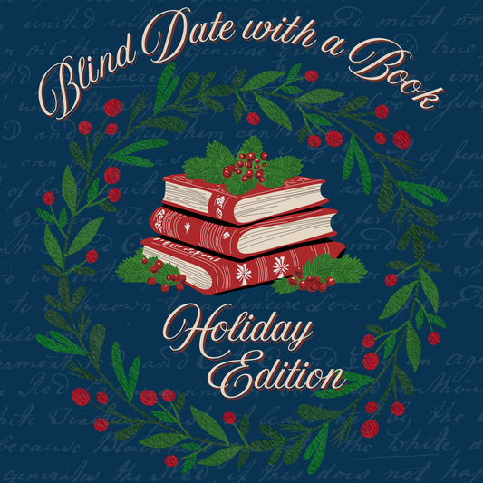 Illustration of three red books with festive designs inside a holiday wreath, with "Blind Date with a Book ~ Holiday Edition" by Piper and Leaf Tea Co. on a dark blue background—perfect for finding new family-friendly reads this season.