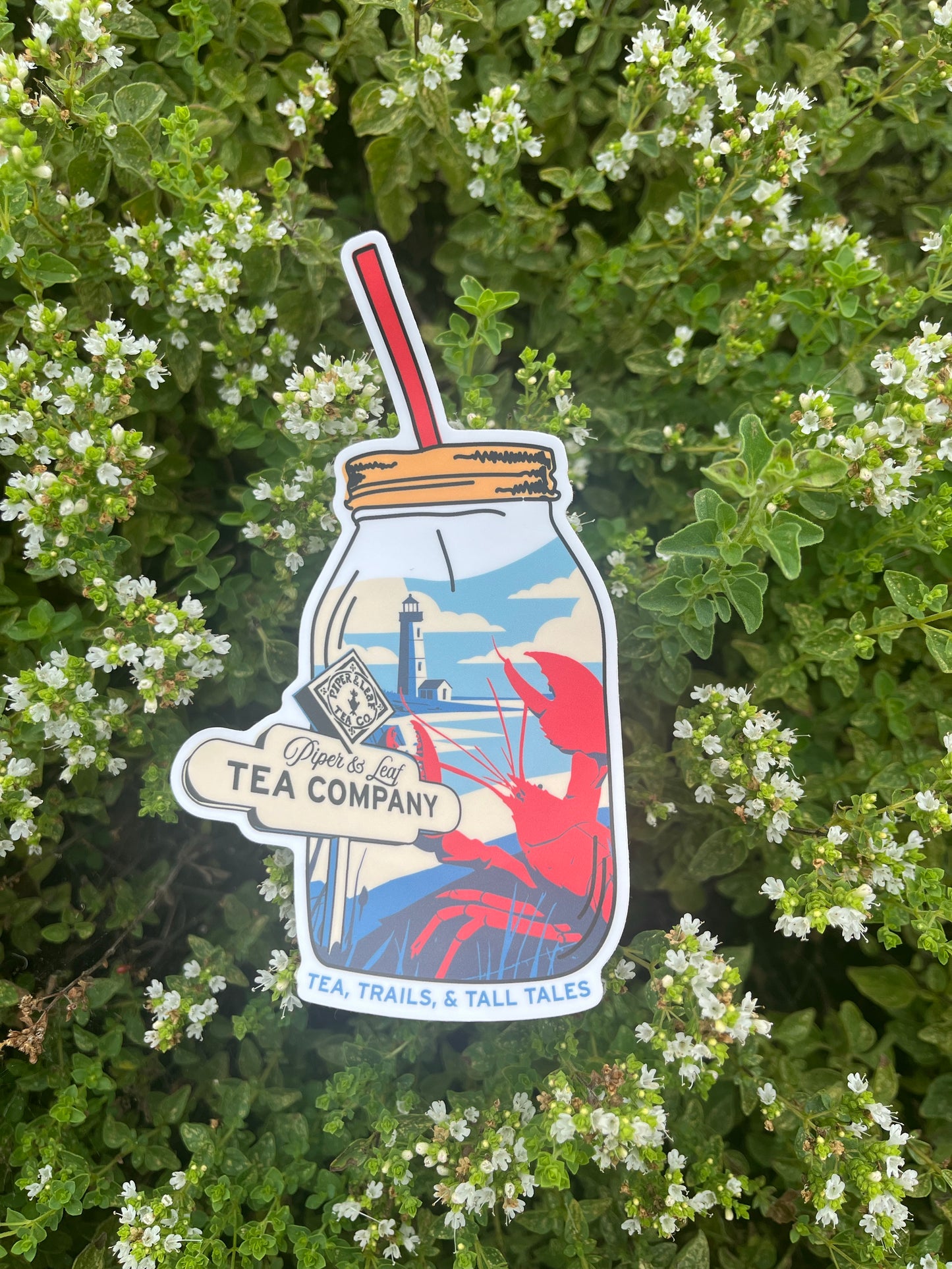 The Nor'Easter Adventure Sticker from Piper and Leaf Tea Co. featuring a mason jar of tea, red lobster, lighthouse, and "Piece de la Tea Company" text is placed on green, flowering shrubbery.