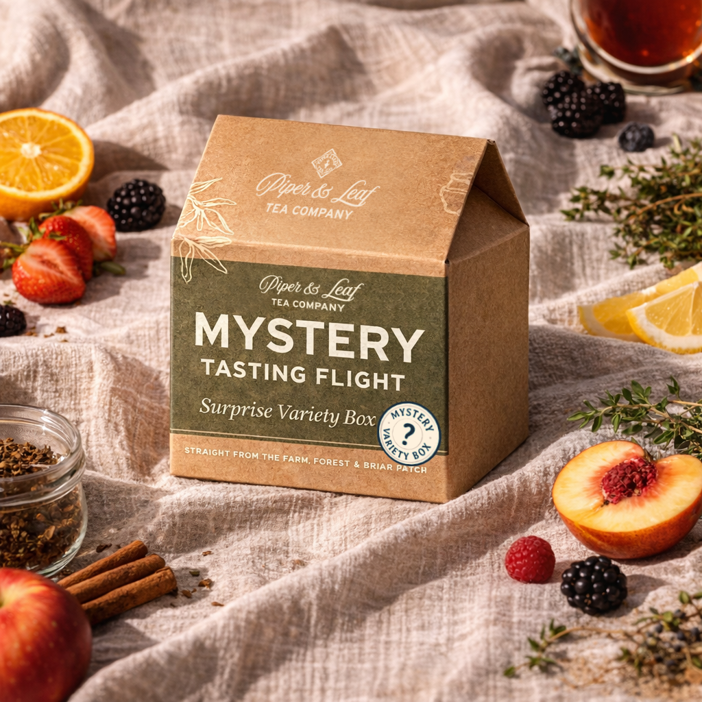 A box labeled "Mystery Tasting Flight" by Piper & Leaf Tea Co. rests on a cloth among fruits, herbs, spices, and a glass of tea—inviting you to explore new flavors with this unique sampler.