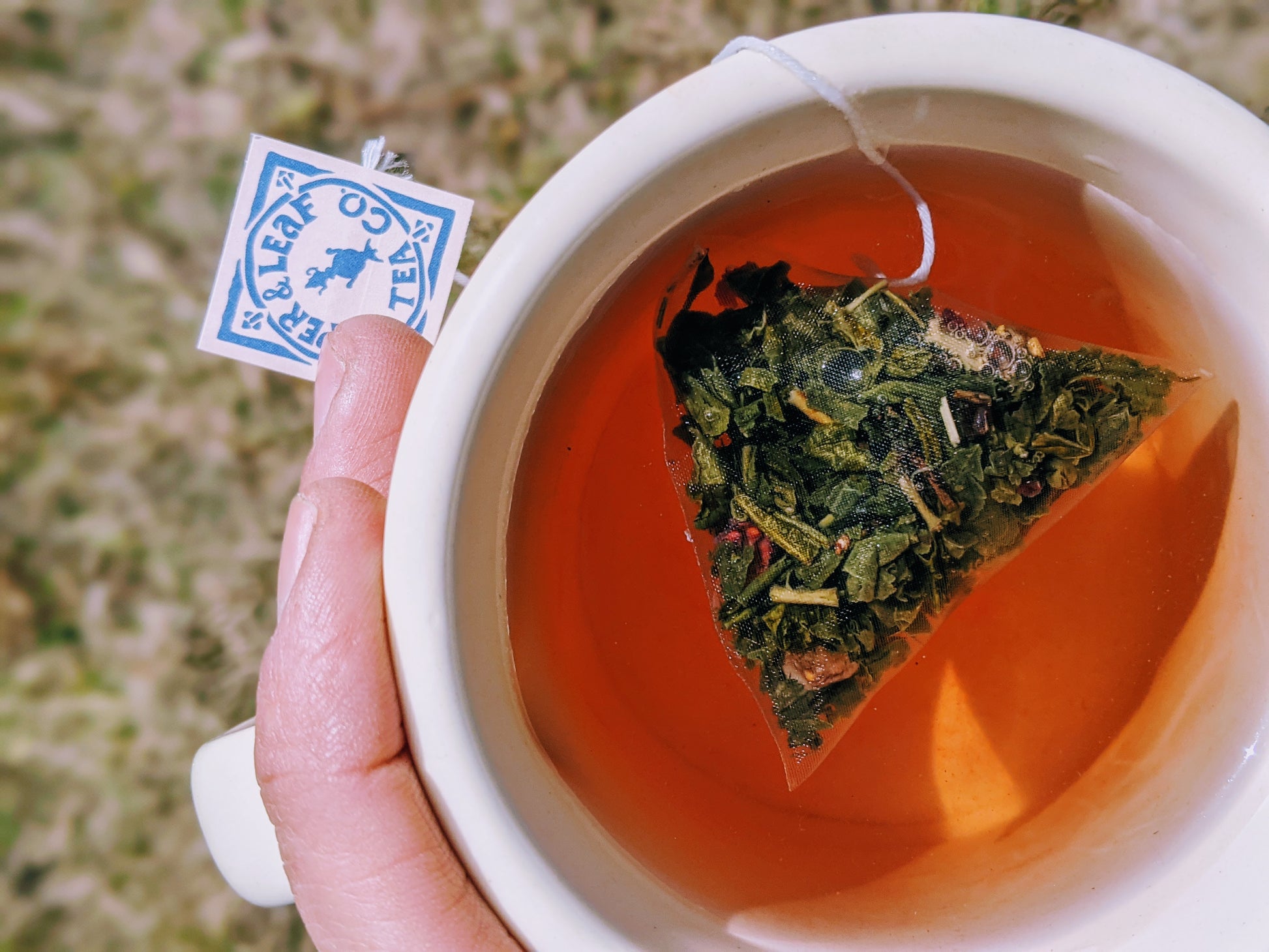 A hand holds a white cup containing hot tea brewed with Piper and Leaf Tea Co.'s "Afternoon Tea At Piper & Leaf," which features a pyramid-shaped tea bag. The tag attached to the tea bag string is visible, making it perfect for pairing with sweet treats.