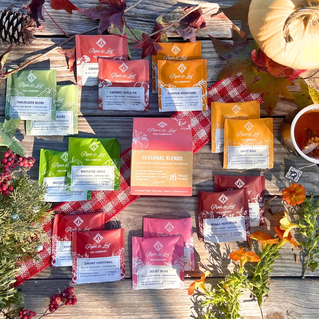 A Seasonal Blends Box of 16 tea bags from Piper & Leaf Tea Co. is elegantly displayed on a wooden table decorated with autumn elements, such as leaves, berries, and a pumpkin. A red checkered cloth peeks out from under the arrangement.