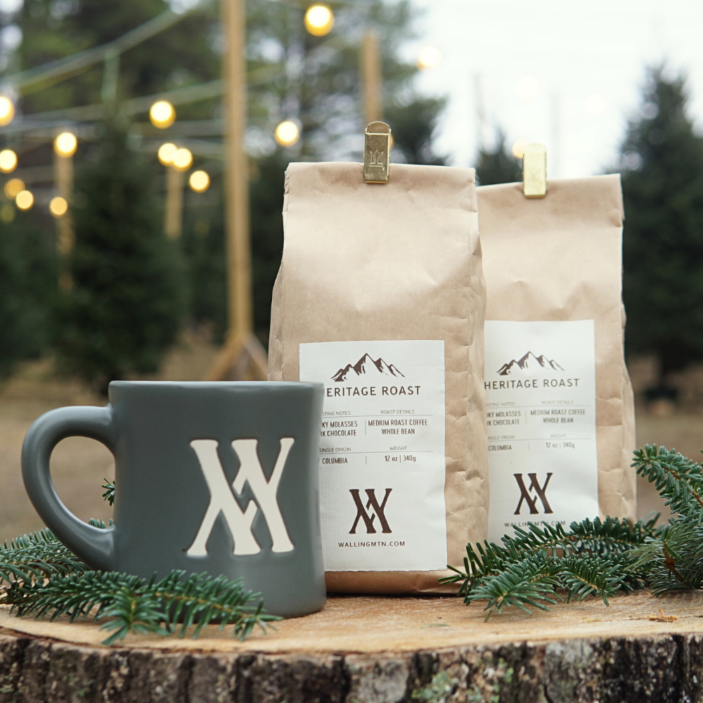 two bags of walling mountain coffee with a walling mtn. coffee mug (10oz)