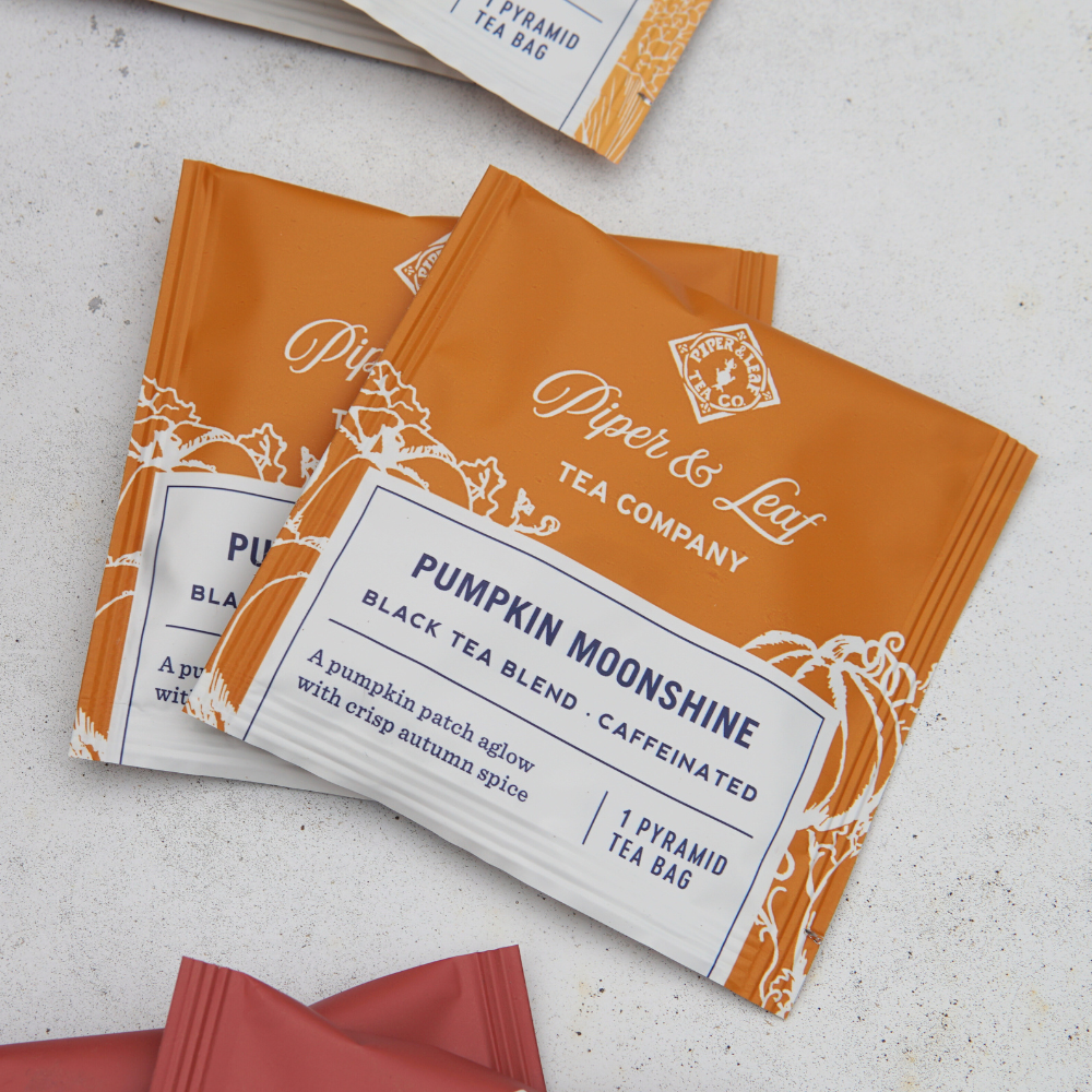 Piper & Leaf's Pumpkin Moonshine individually wrapped tea bags