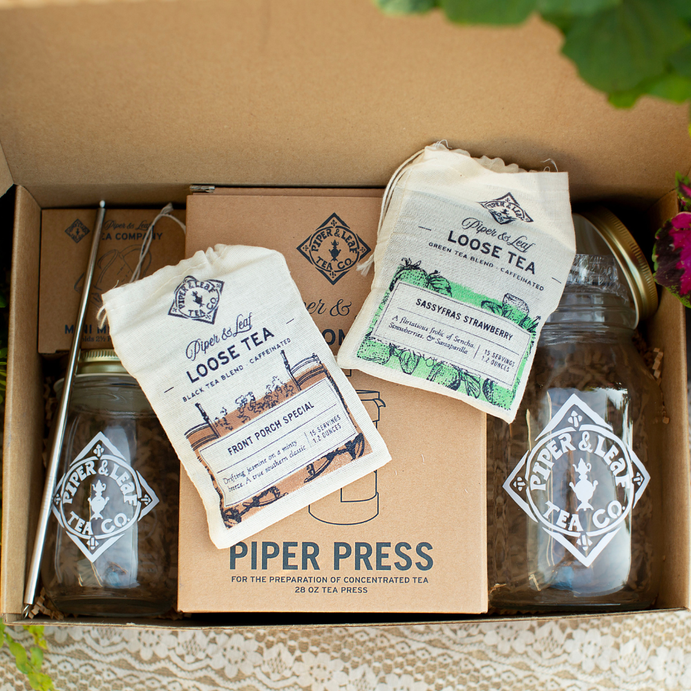 The Piper & Leaf Tea Co. gift box offers a delightful selection of concentrated tea and Piper Press Brew Kit.