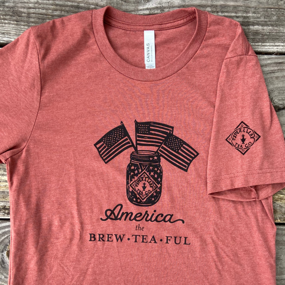 flat image of the front and side of the americal the brew-tea-ful shirt