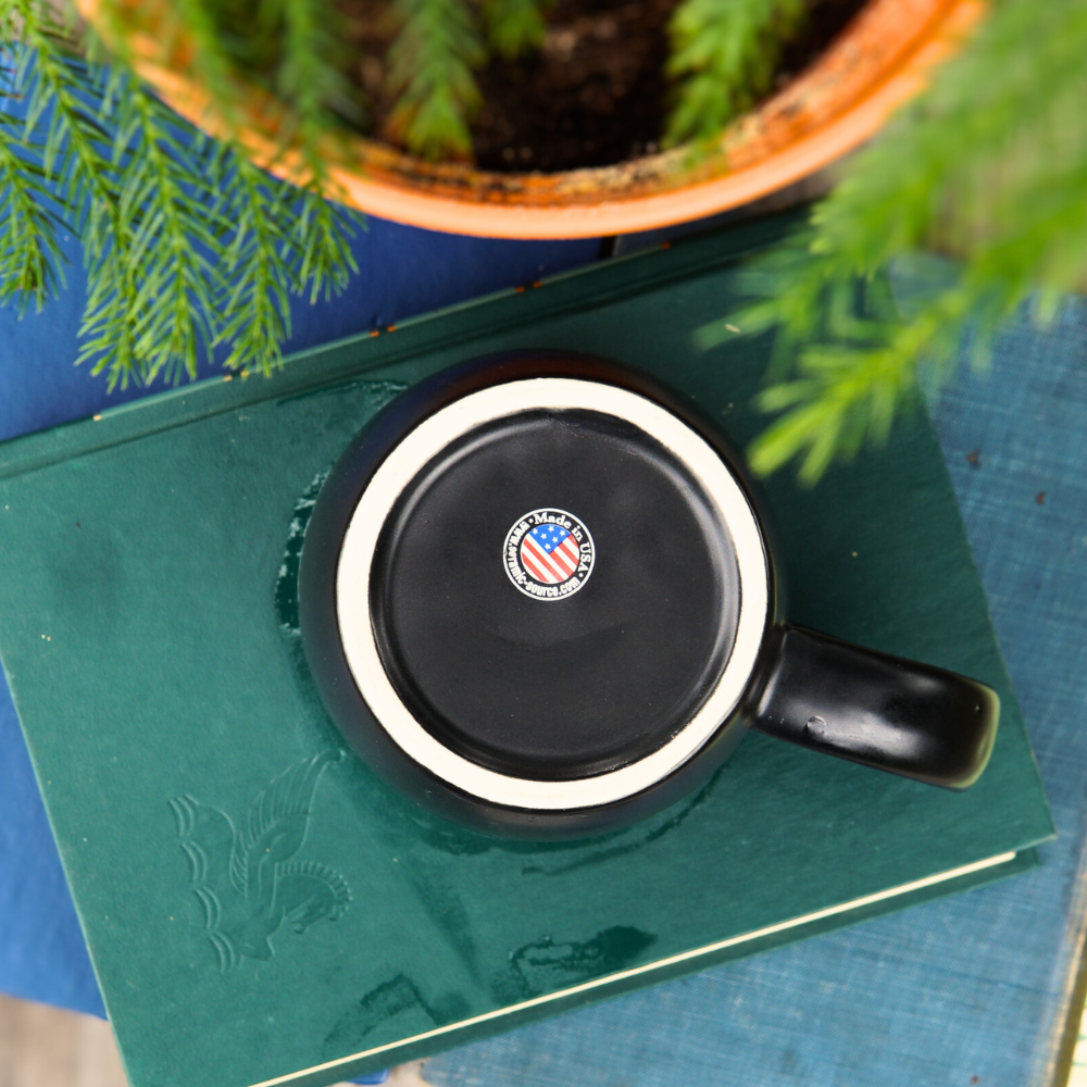 A 12oz Sand Carved Logo Mug from Piper & Leaf Tea Co., featuring a matte black exterior, rests upside down on a green book. Its bottom is adorned with an American flag sticker and it sits beside a potted plant with lush green leaves.