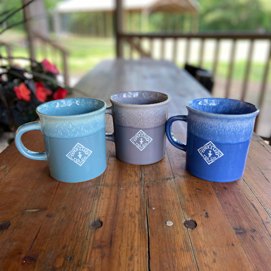 P&L diamond logos in tea, grey, and blue