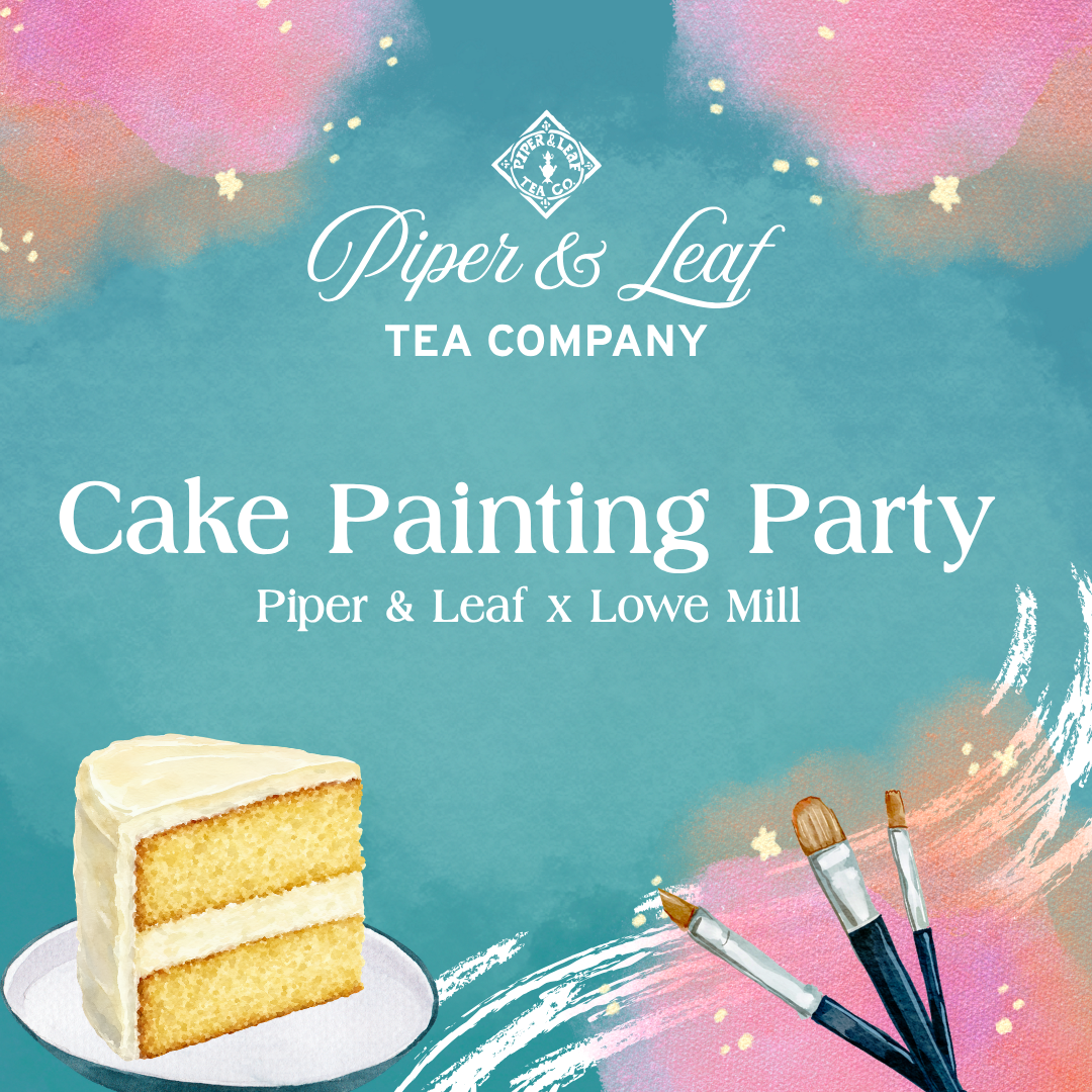 A slice of layered cake on a plate next to three paintbrushes against a blue watercolor background for a Cake Painting Party by Piper and Leaf Tea Co.