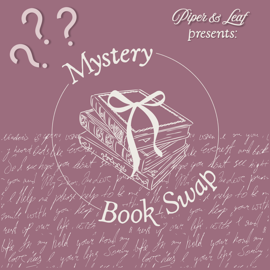Illustration of three stacked books tied with a ribbon, surrounded by question marks and the text “Piper and Leaf Tea Co. presents: Mystery Book Swap at Constitution Park” on a mauve background, evoking a cozy mystery vibe.