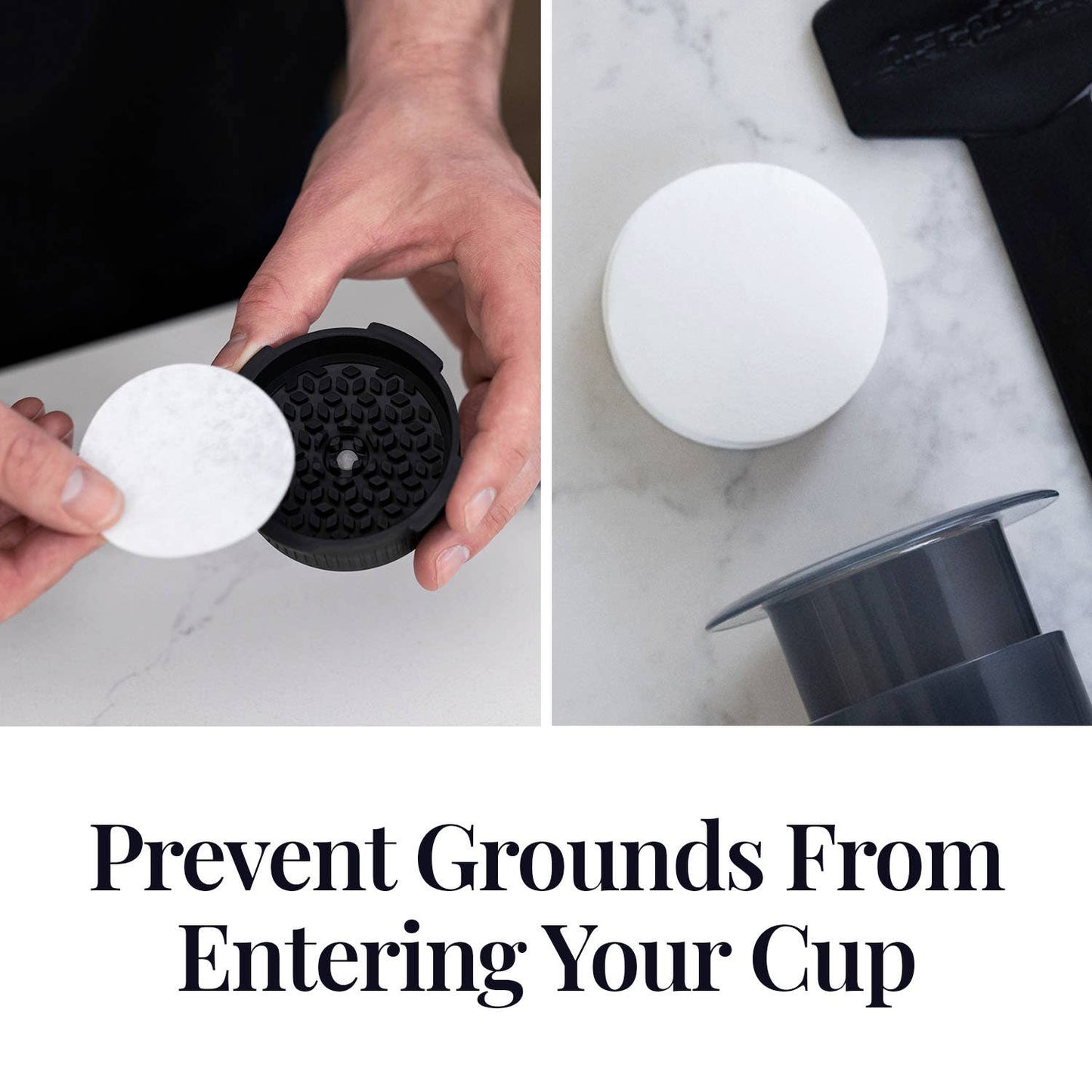 A hand places an AeroPress Paper Micro-Filter by AeroPress into a coffee maker; nearby are parts and text that say “Prevent Grounds From Entering Your Cup.”.