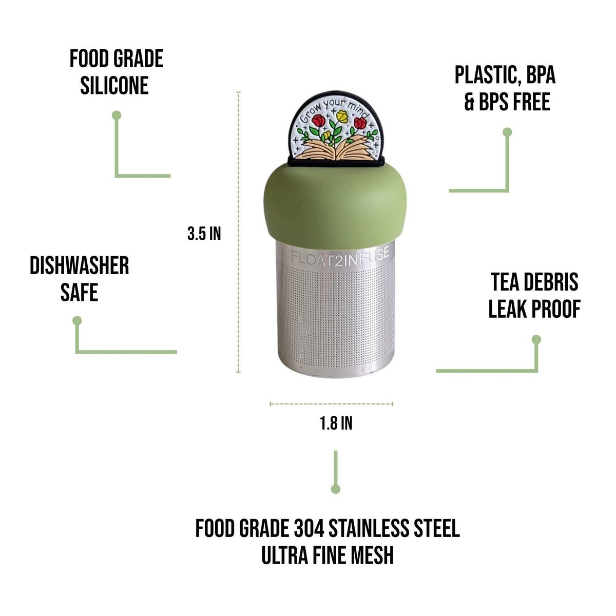 Introducing the Open Your Mind - Floating Tea Infuser by Float2infuse Tea Infuser: a cylindrical tea infuser with a green silicone lid, charming decorative top, and stainless steel mesh body. This floating tea steeper is the perfect accessory for loose-leaf tea lovers. Labeled features include dishwasher safe, leak proof, BPA free, and crafted from food grade materials—a must-have for BookTok’s tea enthusiasts.