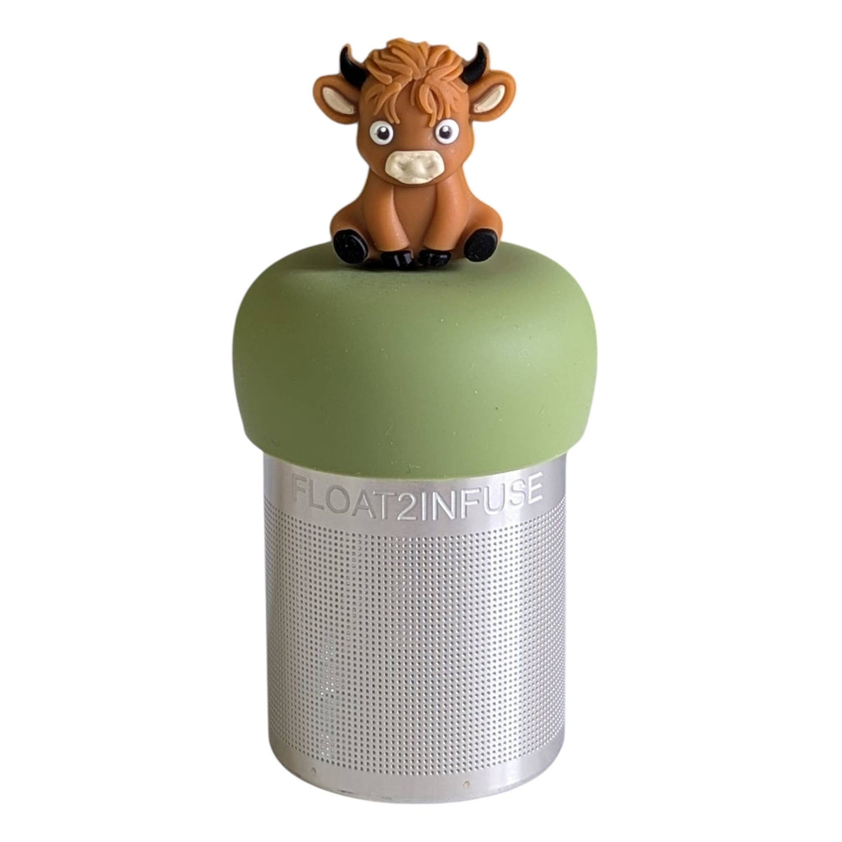 Add playful charm to your tea time with the Float2infuse Tea Infuser: Baby Highland Cow - Floating Tea Infuser. This whimsical loose-leaf accessory features a metal infuser with a green silicone lid, topped by an adorable cartoon baby highland cow. Designed to float while steeping, it brings fun and personality to every cup.