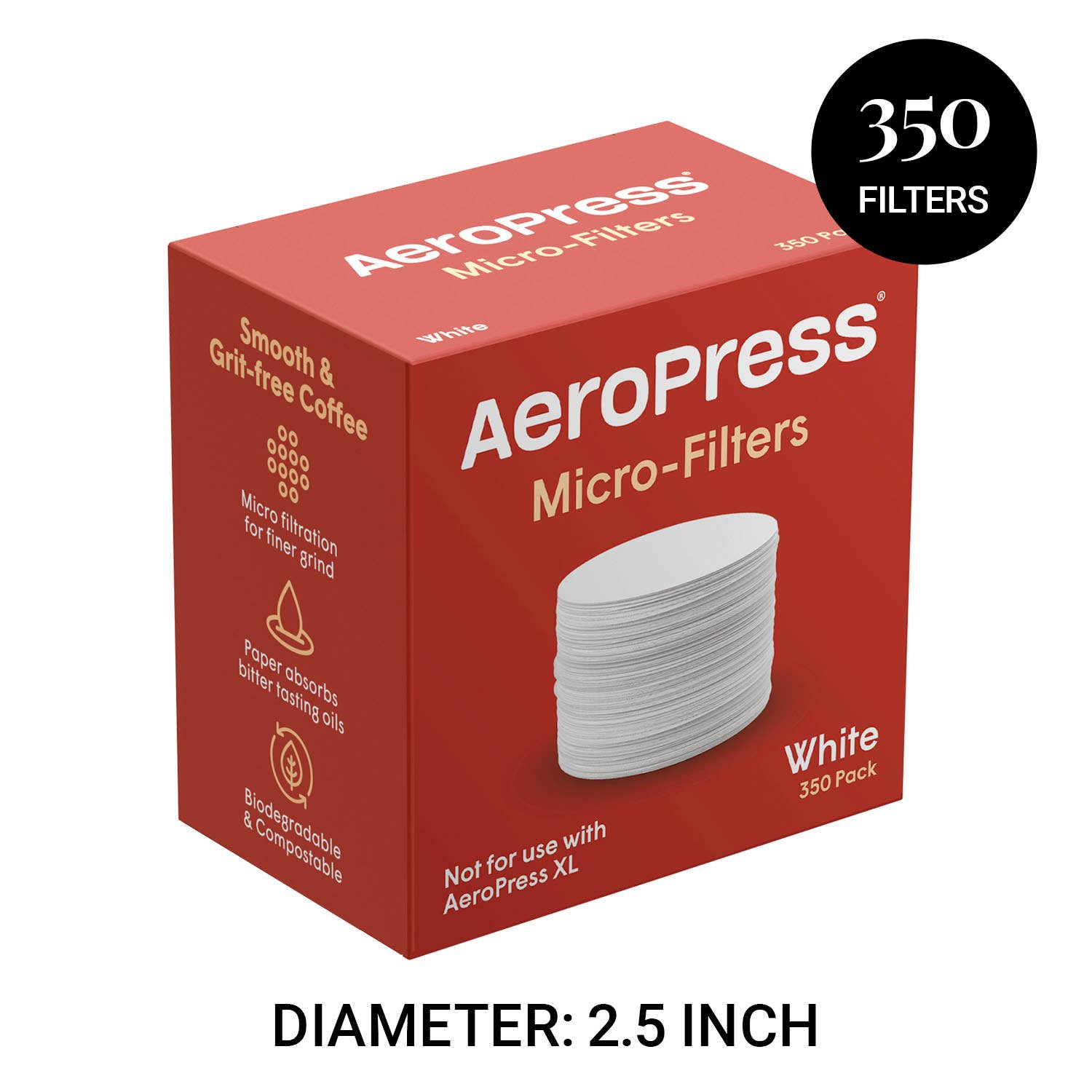 AeroPress Paper Micro-Filters by AeroPress; box of 350, 2.5" diameter. For use with AeroPress (not XL). These coffee filters are biodegradable and chlorine-free.