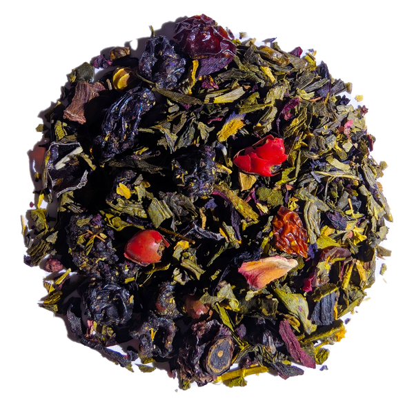 Colorful mix of dried tea leaves and berries on a white background of Blueberry Jubilee