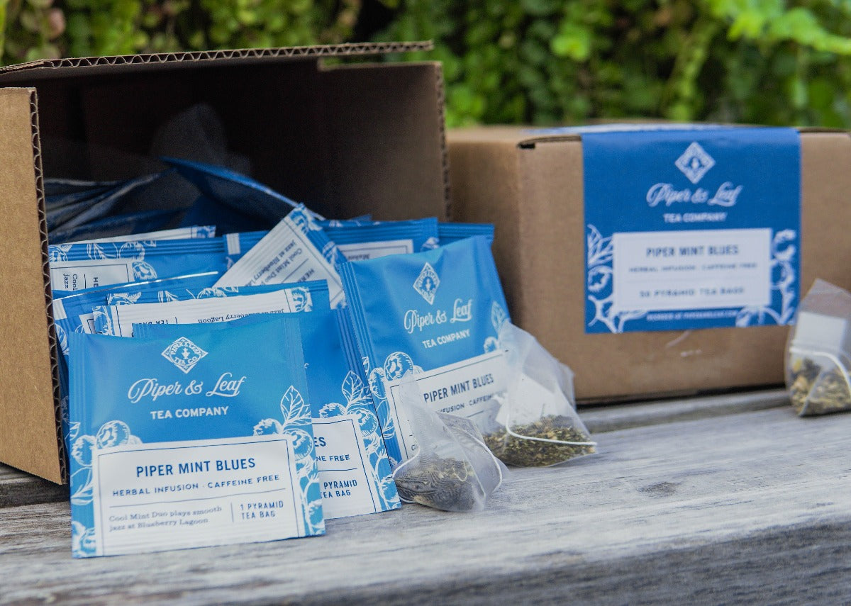 upclose look at Piper Mint Blues case of 50 tea bag envelopes