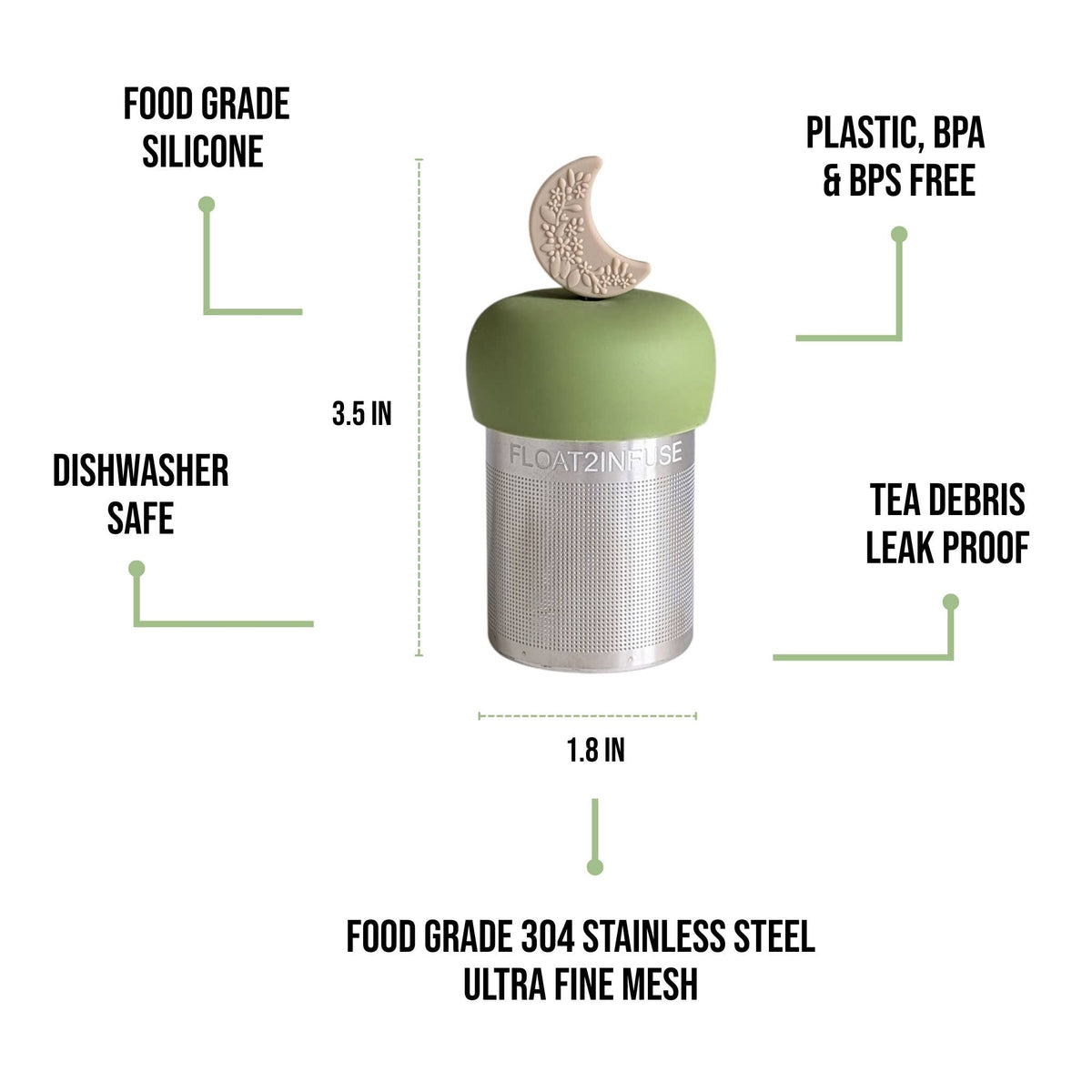 Introducing the Float2infuse Tea Infuser’s Ivory Floral Crescent Moon – Floating Tea Infuser: a 3.5-inch tall by 1.8-inch wide loose-leaf tea accessory featuring a moon-shaped silicone top and stainless steel mesh for optimal brewing. Designed to float conveniently in your cup, this leak-proof steeper keeps tea debris out, is dishwasher safe, and is both BPA & BPS free for peace of mind.