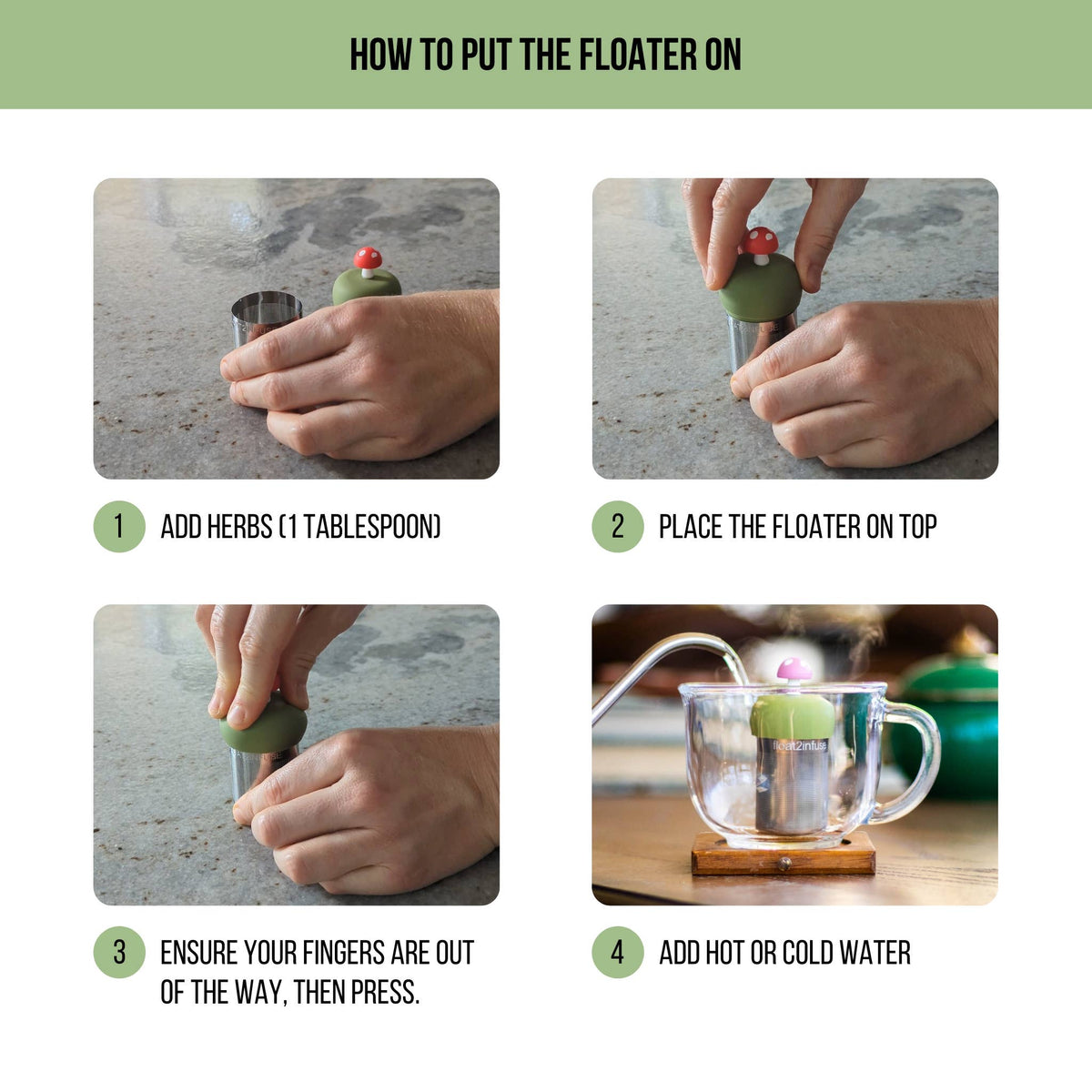 Follow this four-step guide to use the Float2infuse Tea Infuser—Open Your Mind Floating Tea Infuser: add your favorite loose-leaf tea, place the accessory on top, gently press, then pour hot or cold water into your cup. Perfect for anyone inspired by BookTok’s latest tea trends!.