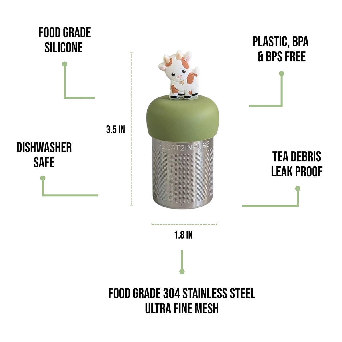 Introducing the Baby Goat - Floating Tea Infuser by Float2infuse Tea Infuser. This playful tea accessory features a charming baby goat figure lid and is crafted from food-grade silicone and BPA & BPS free plastic. The fine mesh stainless steel basket ensures optimal steeping while keeping tea debris contained. Leak proof, dishwasher safe, and ideal for steeping loose-leaf tea, this unique infuser measures 3.5 x 1.8 inches—perfect for adding a touch of fun to your tea routine.