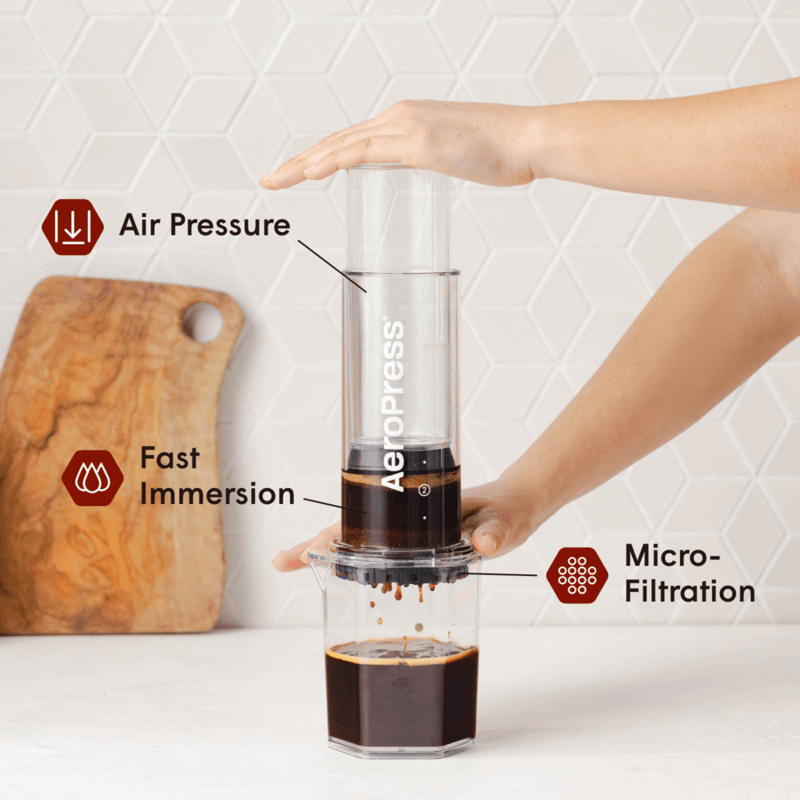 A person uses the AeroPress Clear XL Portable Coffee Press by AeroPress, pressing coffee into a cup. Text highlights air pressure, rapid immersion, and micro-filtration in this extra-large, portable coffee maker.