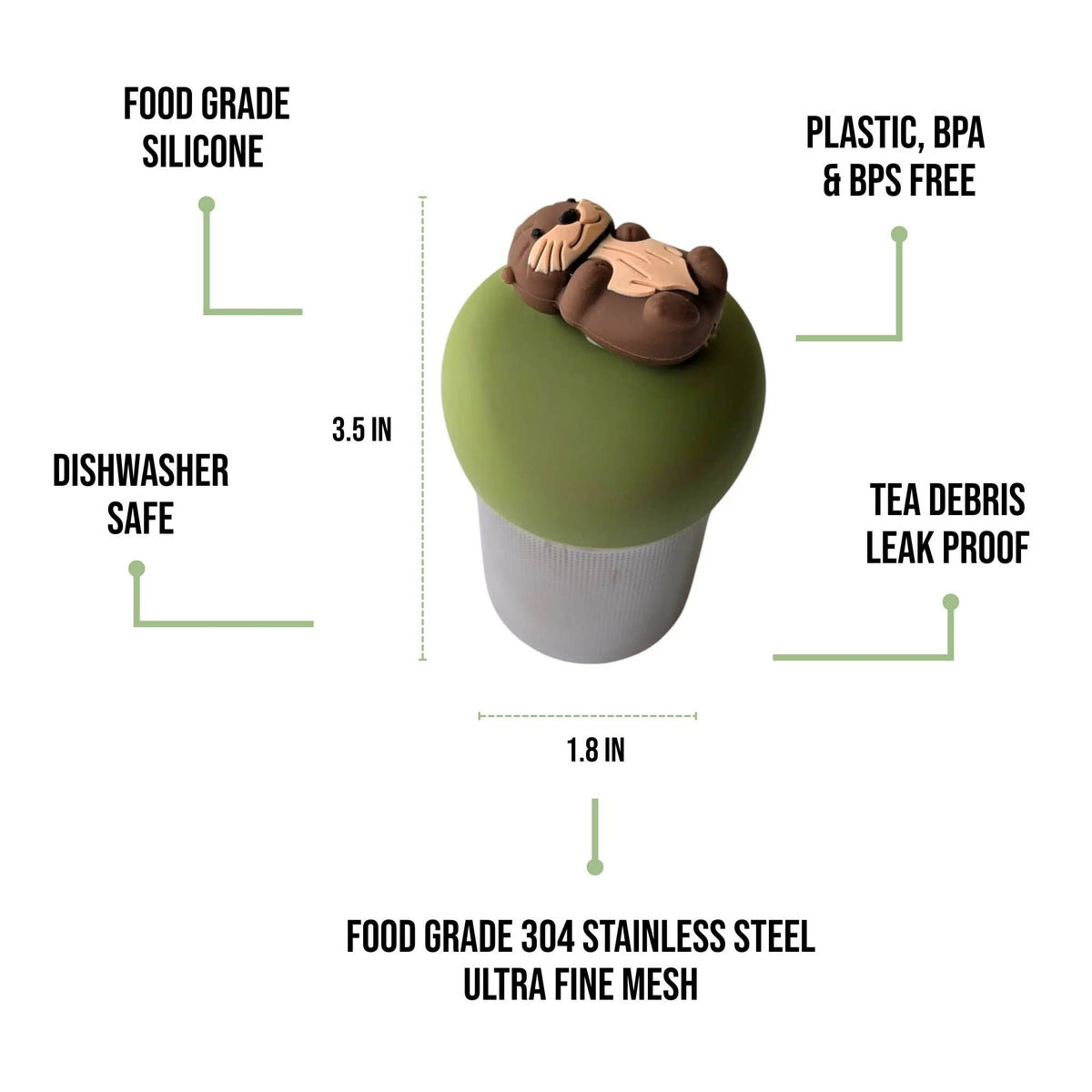 Introducing the Otter - Floating Tea Infuser by Float2infuse Tea Infuser: a reusable tea infuser featuring an adorable otter-shaped silicone top and durable stainless steel mesh. This floating tea accessory is perfect for brewing your favorite loose leaf teas and boasts dishwasher safe, BPA/BPS free, leak-proof, and food grade materials.