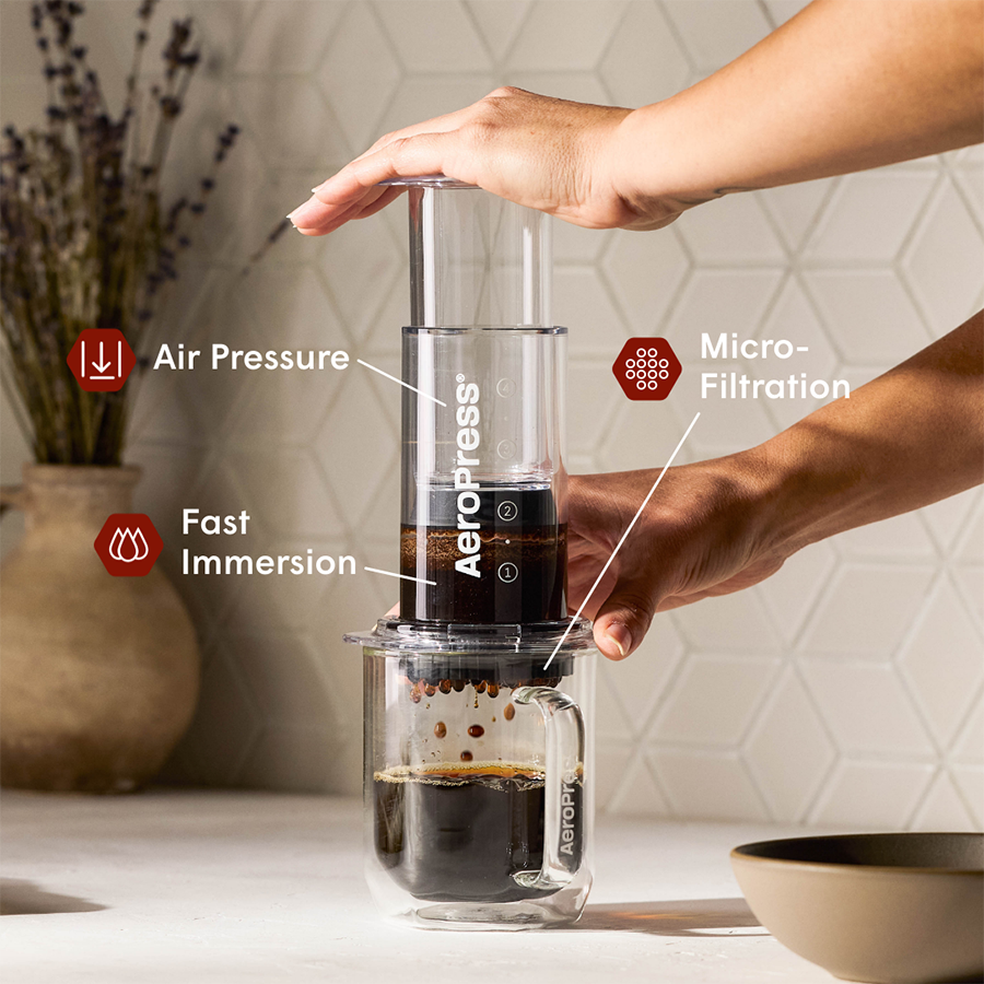 A person presses down on the AeroPress Clear Coffee Press 2 Min Portable Brew by AeroPress over a glass mug; labeled features highlight 3-in-1 brew technology, air pressure, fast immersion, and micro-filtration.