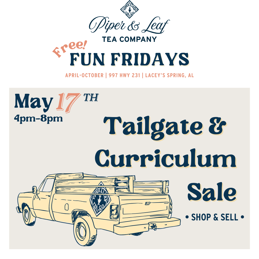Advertisement for Piper and Leaf Tea Co. featuring a yellow pickup truck graphic, advertising a "Piper & Leaf Tailgate Sale" on May 17 from 4-7 PM in Lacey's Spring, AL.