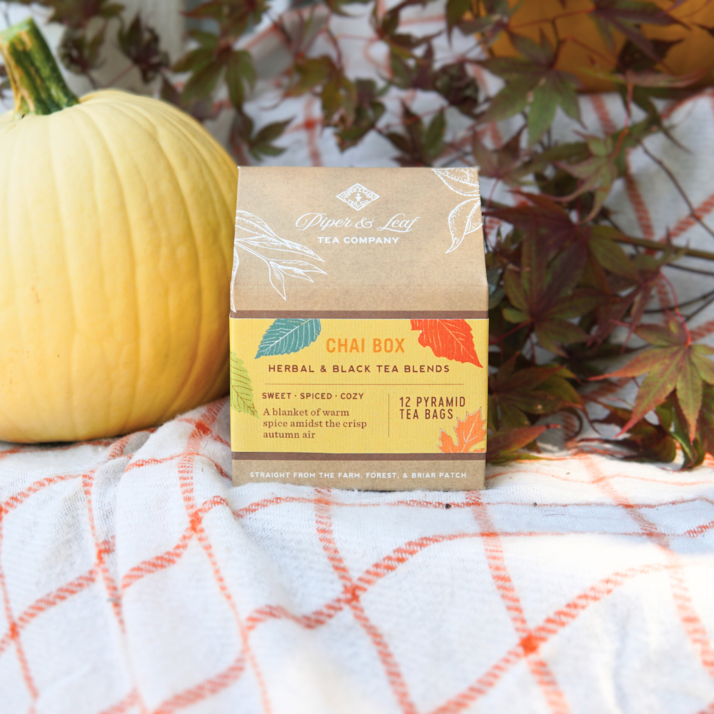 A Piper & Leaf Tea Co. Chai Box, containing 12 individually wrapped tea bags, sits on a cloth next to a small pumpkin, surrounded by fall leaves, highlighting their exquisite autumn spice teas.