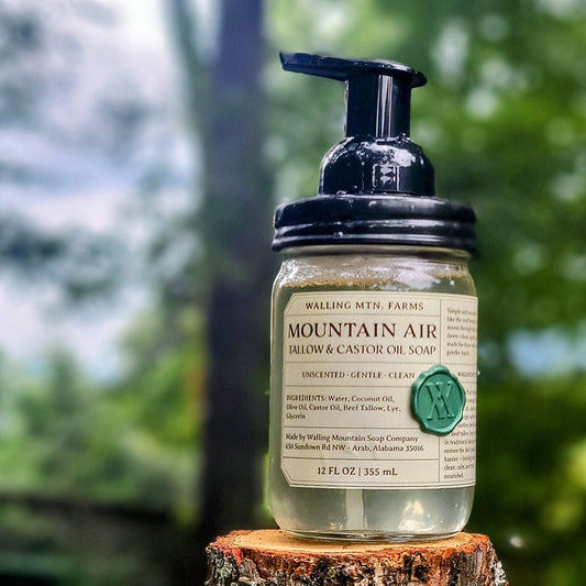 A bottle of Walling Mountain Farms Mountain Air Unscented 12oz Tallow & Castor Oil Foaming Hand Soap with a pump dispenser rests on a tree stump outdoors, showcasing its nourishing ingredients.