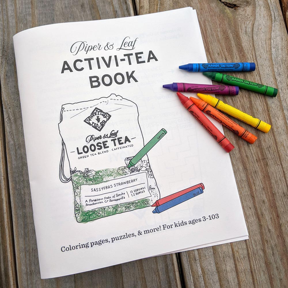 A coloring book titled "Piper & Leaf Activi-tea Book" - coloring pages, puzzles, & more! For kids ages 3 to 103.