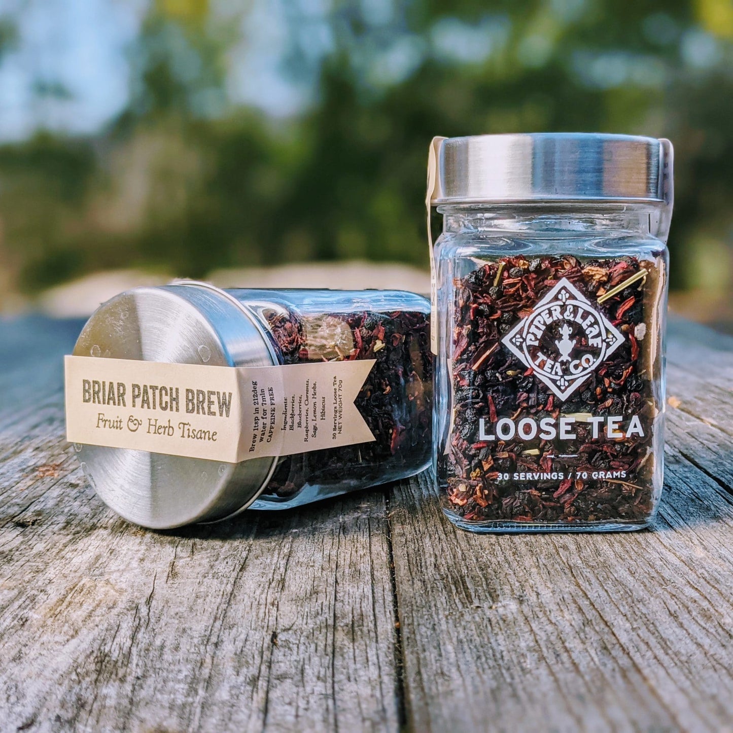 Two glass jars of loose leaf (Briar Patch Brew)