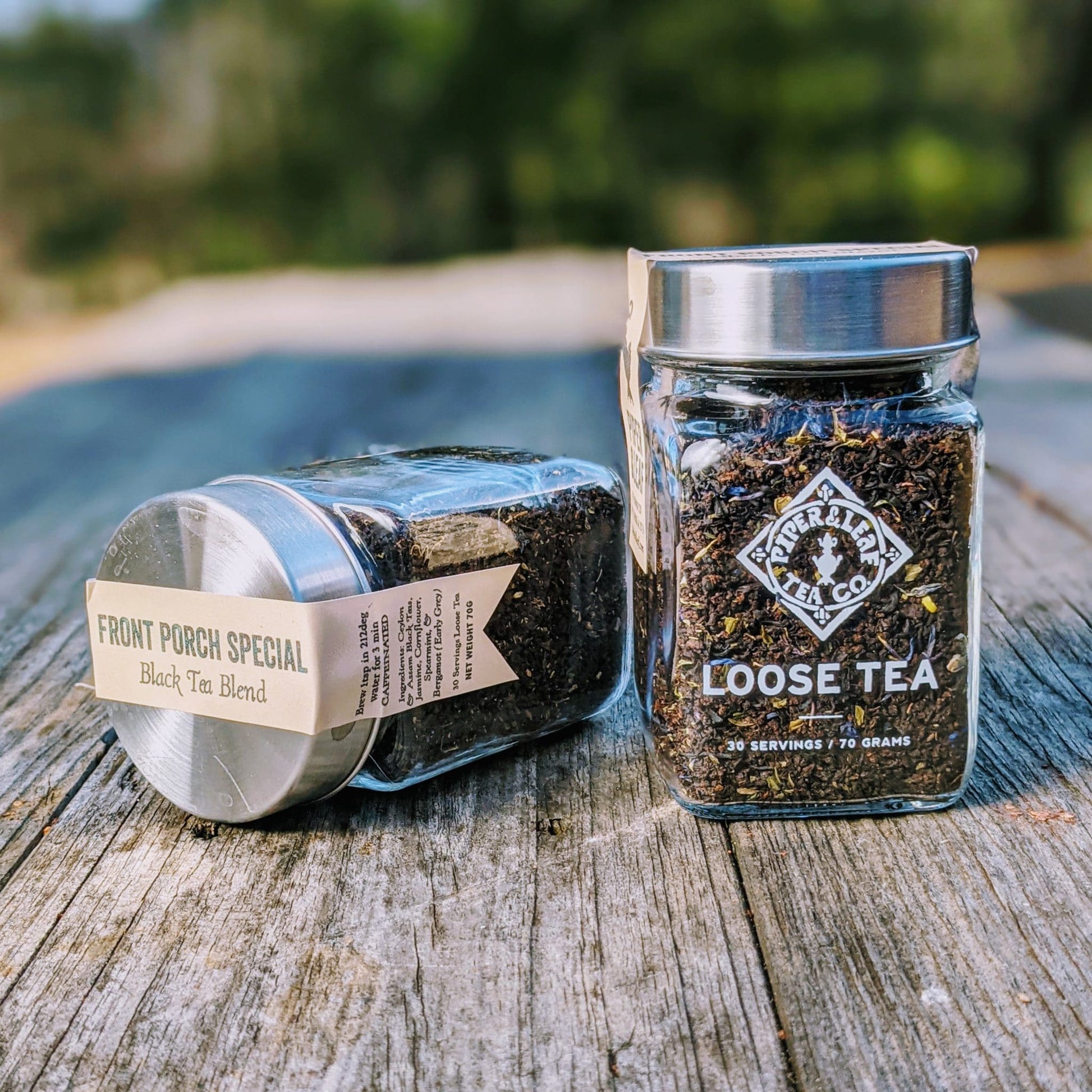 Two glass jars of loose leaf (Front Porch Special)