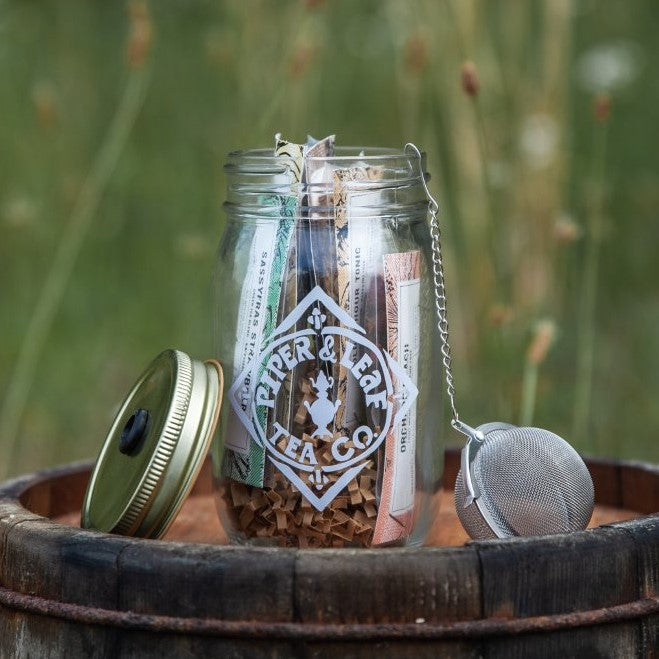 A Piper & Leaf Tea Co. Teaser Pint Jar Gift Set filled with loose leaf tea blends.