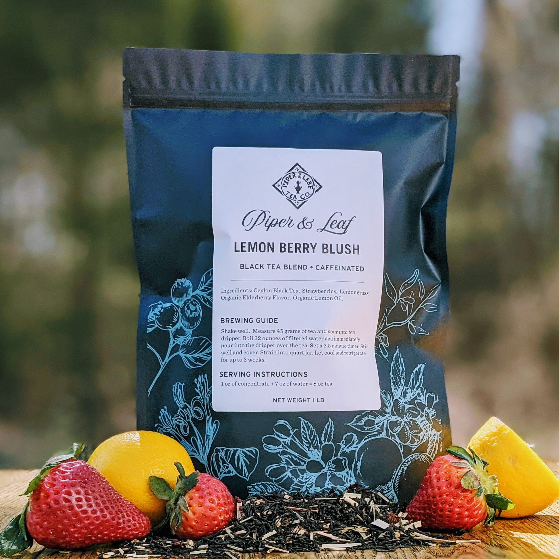 A refreshing Piper & Leaf Tea Co. Lemon Berry Blush Pound Bag - 190 servings of lemon thyme blend with freshly picked strawberries and zesty lemons.