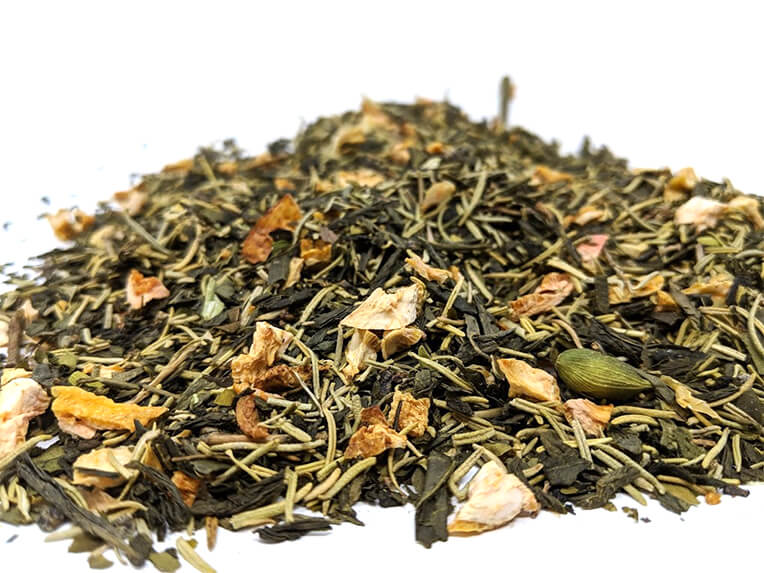 A pile of our Springdrop Spritzer loose leaf showing the green tea, rosemary, cardamom, and more