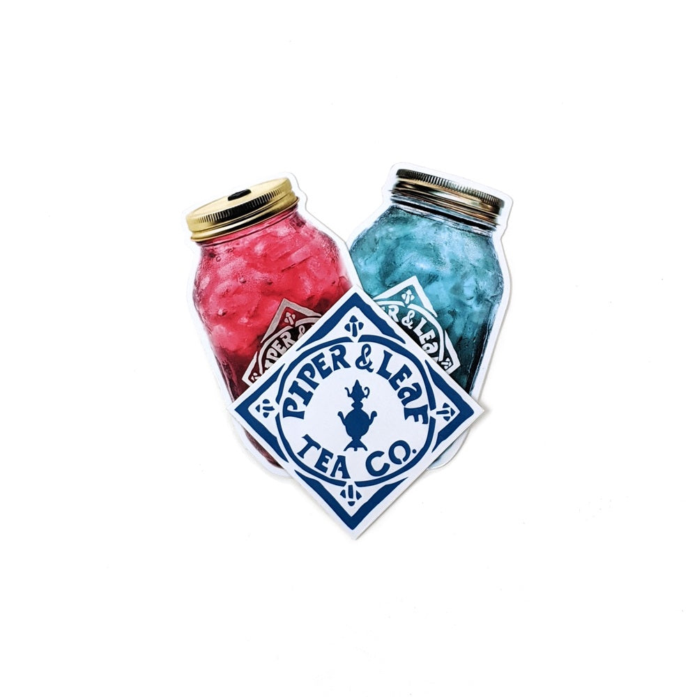 Three Piper & Leaf stickers: a jar of pink tea, a jar of blue tea, and a blue diamond logo