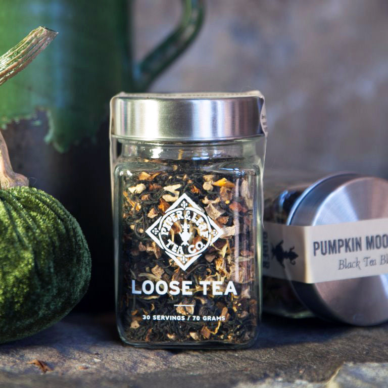 A glass jar of loose leaf tea (Pumpkin Moonshine)