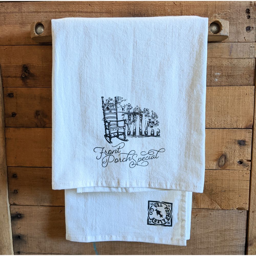 Tea Towel: "Front Porch Special" with a sketch of a rocking chair on a front porch