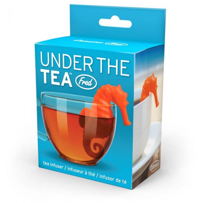 The box for the seahorse shaped Fred-brand tea strainer: the TeaHorse. "Under the Tea"
