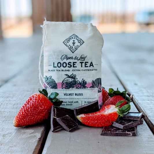 Velvet Bliss loose leaf tea in muslin bag with strawberries and chocolate