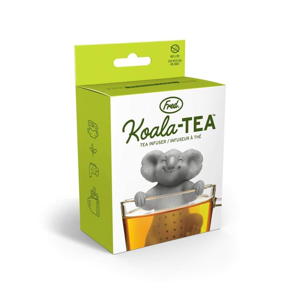 A green box: Fred-brand "Koala-tea" tea infuser. The box shows a smiling grey koala-shaped tea strainer.