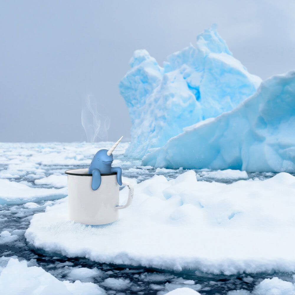 A hedgehog shaped Fred-brand tea strainer in a mug on a glacier: Spiked Tea