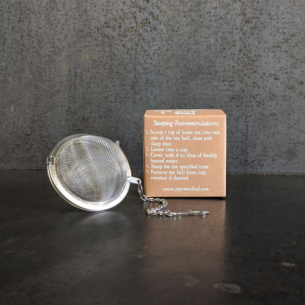 Tea ball strainer with box instructions; for loose leaf brewing