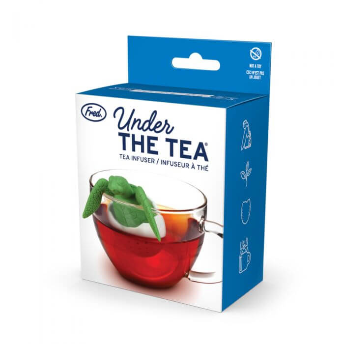 Box for the sea turtle shaped Fred-brand tea strainer: the Tea Turtle. "Under the Tea"